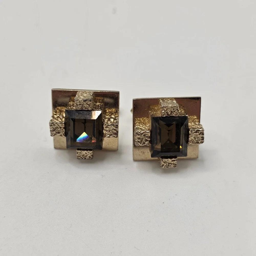 Vintage Brutalist Cufflinks Mens Gold Tone Smoky Glass MCM Mid Century Modern